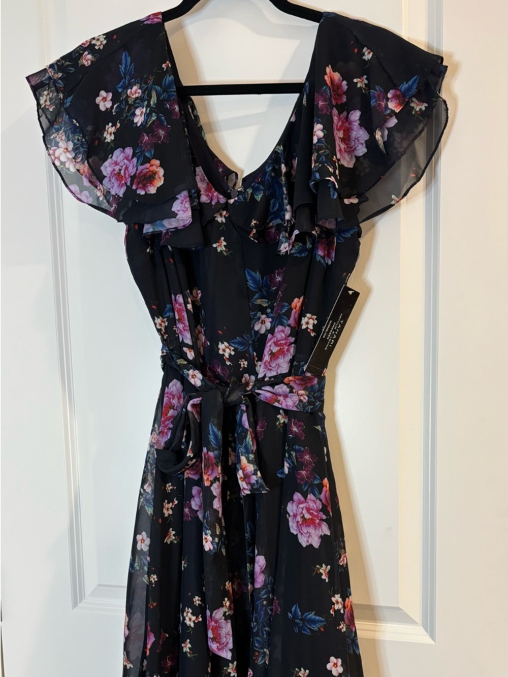 Black Floral Ruffle Maxi Dress with Self-Tie Waist